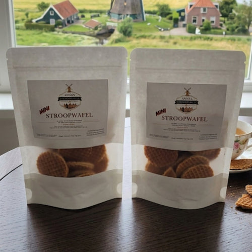 Resealable pouch of 12 mini stroopwafels — bite-sized Dutch caramel wafel cookies by Anna's Stroopwafels.